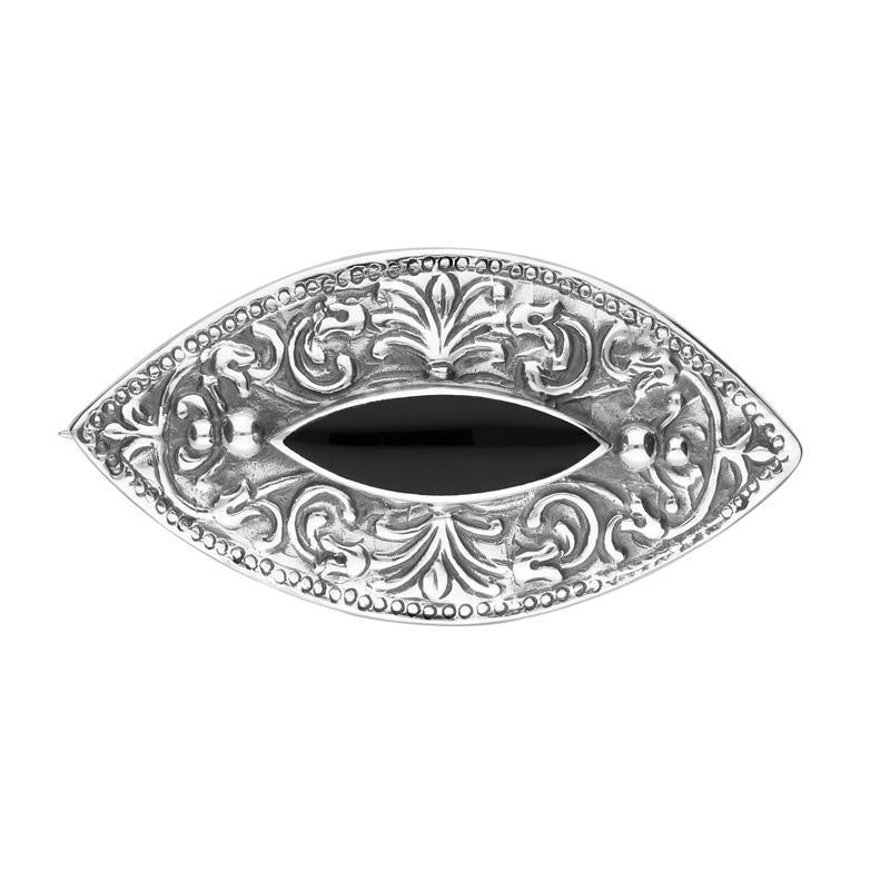 Sterling Silver Whitby Jet Marquise Celtic Brooch - Silver