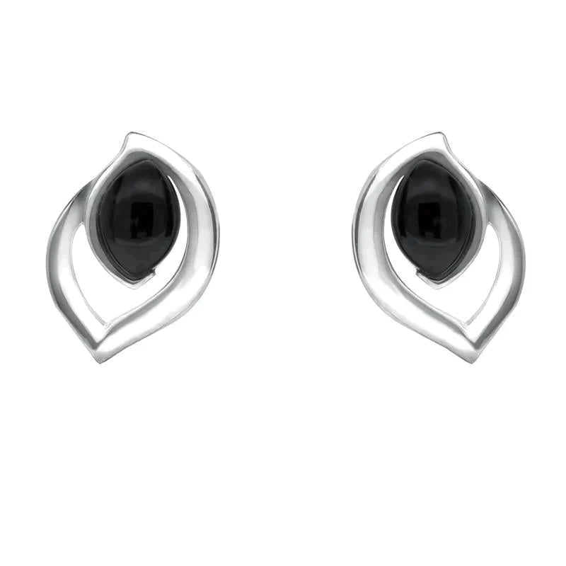 Sterling Silver Whitby Jet Marquise Flame Stud Earrings - Silver