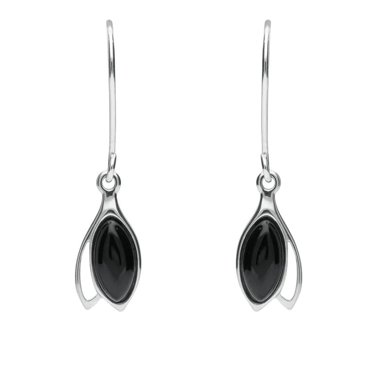 Sterling Silver Whitby Jet Marquise Drop Hook Earrings