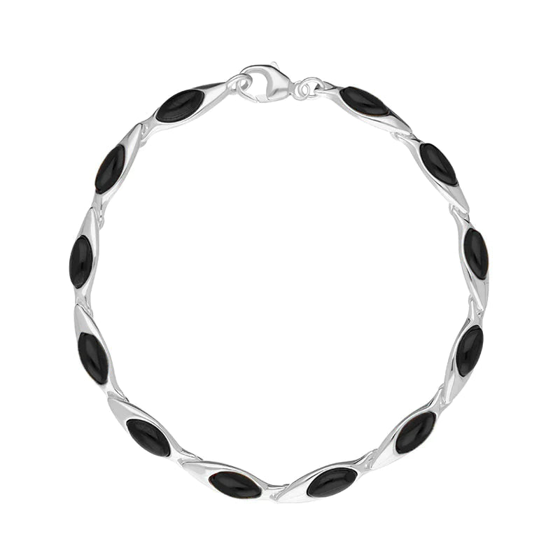 Sterling Silver Whitby Jet Marquise Link Bracelet - Silver