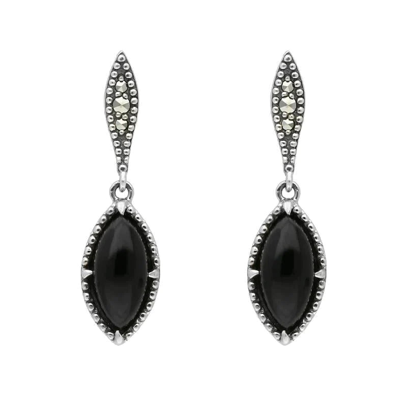 Sterling Silver Whitby Jet Marquise Long Drop Earrings - Silver