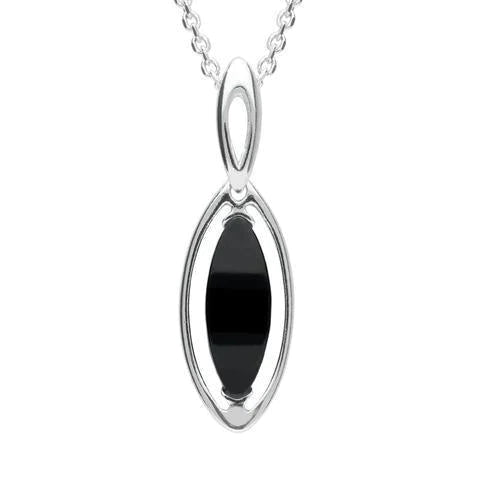 Sterling Silver Whitby Jet Marquise Open Sided Necklace - Silver