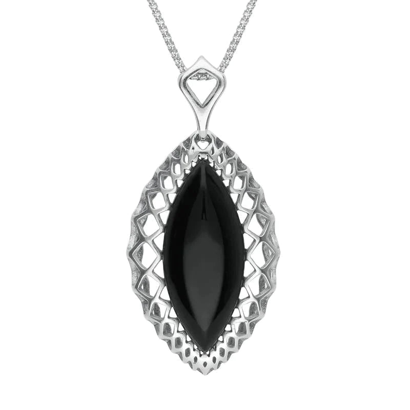 Sterling Silver Whitby Jet Marquise Pierced Necklace - Silver