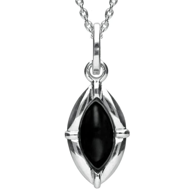 Sterling Silver Whitby Jet Marquise Shaped Necklace - Silver