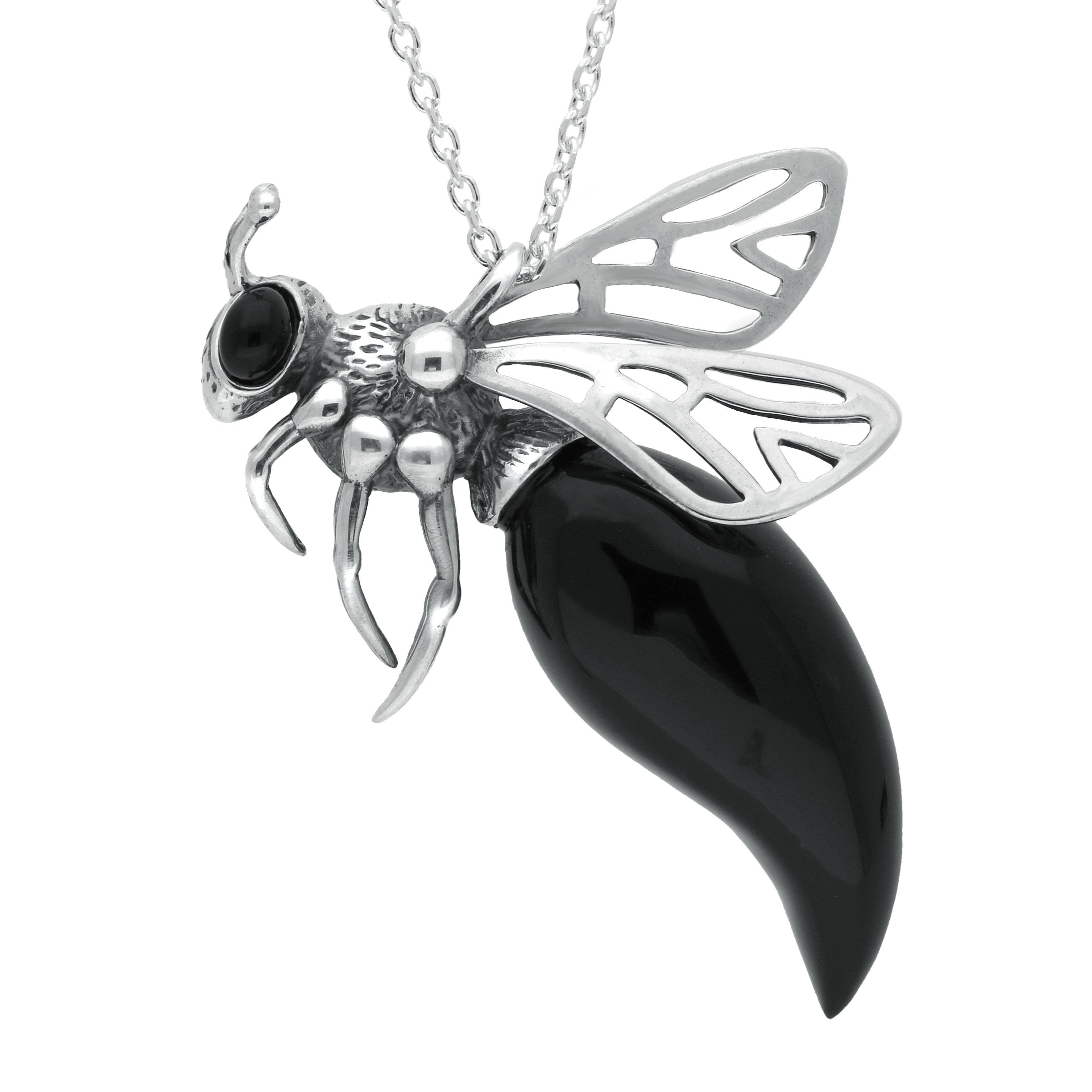 Sterling Silver Whitby Jet Medium Honey Bee Necklace - Silver