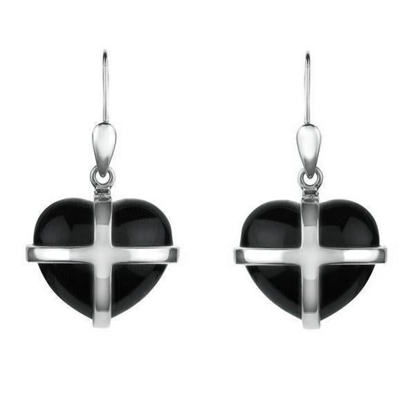 Sterling Silver Whitby Jet Medium Cross Heart Drop Earrings - Silver