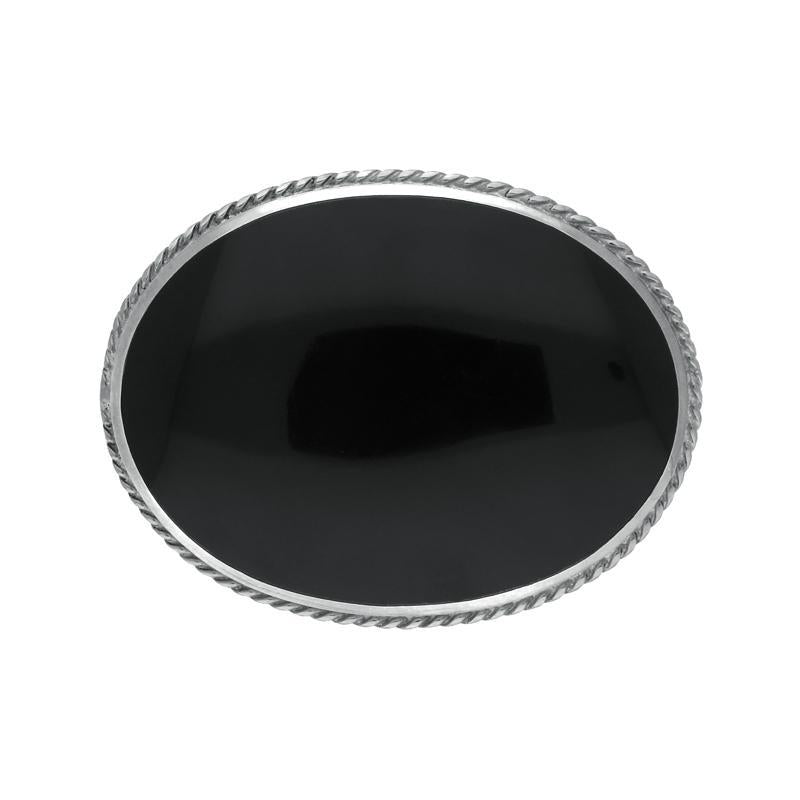 Sterling Silver Whitby Jet Medium Oval Rope Edge Brooch - Silver