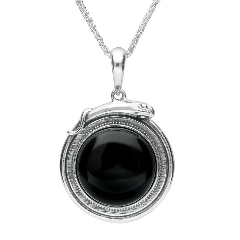 Sterling Silver Whitby Jet Medium Round Snake Edge Necklace - Silver