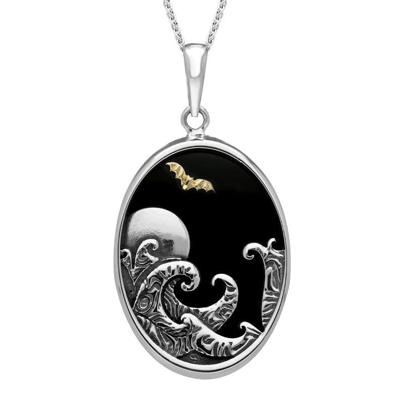 Sterling Silver Whitby Jet Moon Waves Bat Oval Necklace