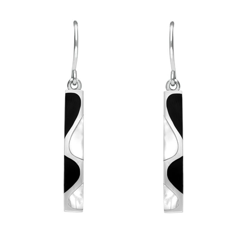 Sterling Silver Whitby Jet Mother of Pearl Slim Four Stone Drop Earrings - Silver