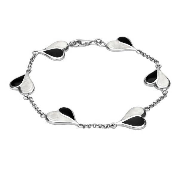 Sterling Silver Whitby Jet Mother of Pearl Split Heart Bracelet - Silver