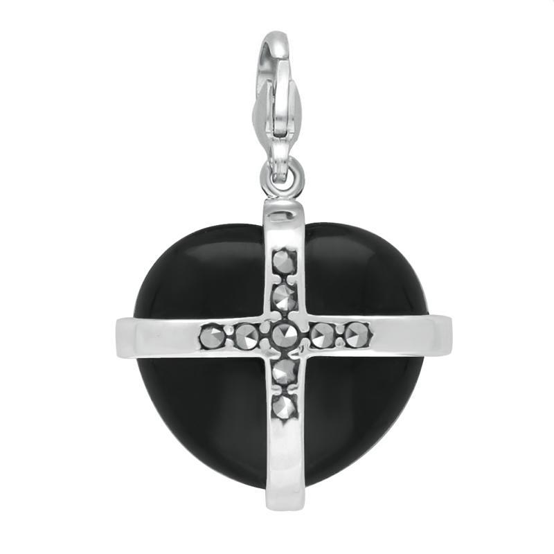 Sterling Silver Whitby Jet Nine Marcasite Cross Heart Charm - Silver