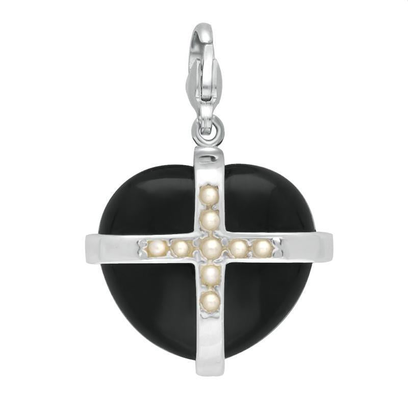Sterling Silver Whitby Jet Nine Pearl Large Cross Heart Charm - Option1 Value Silver