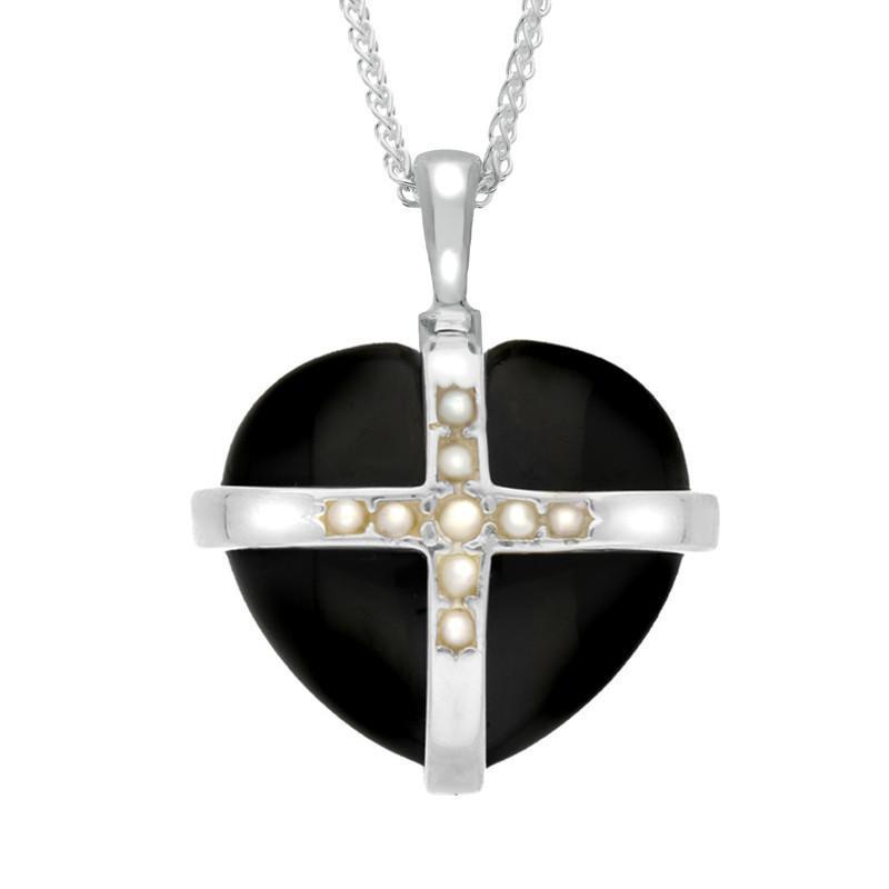 Sterling Silver Whitby Jet Nine Pearl Large Cross Heart Necklace - Silver