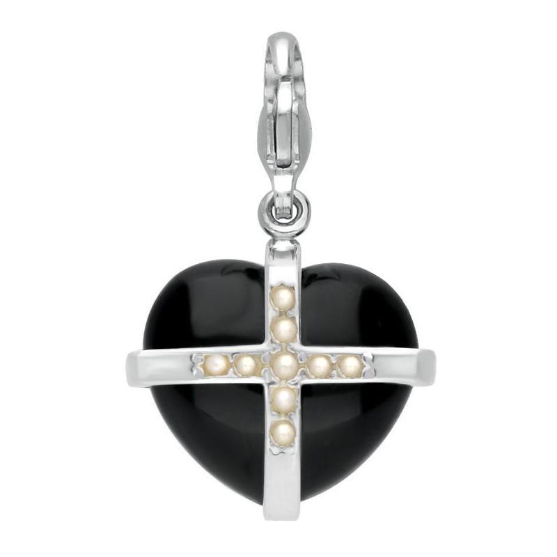 Sterling Silver Whitby Jet Nine Pearl Medium Cross Heart Charm - Silver