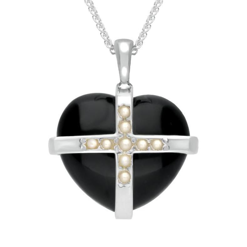 Sterling Silver Whitby Jet Nine Pearl Medium Cross Heart Necklace - Silver