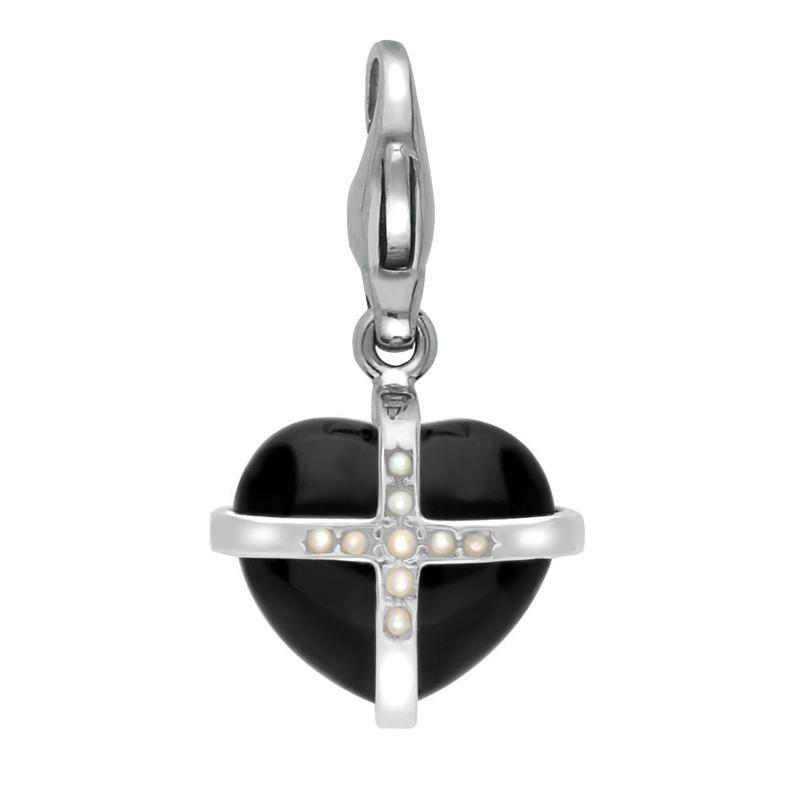 Sterling Silver Whitby Jet Nine Pearl Small Cross Heart Charm - Gold