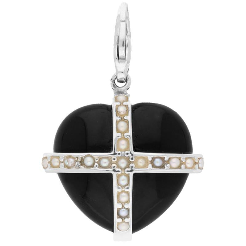 Sterling Silver Whitby Jet Nineteen Pearl Large Cross Heart Charm - Option1 Value Silver