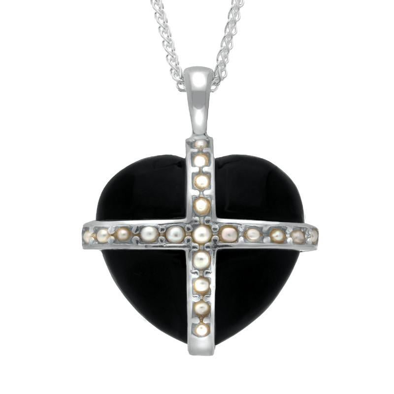 Sterling Silver Whitby Jet Nineteen Pearl Large Cross Heart Necklace - Silver