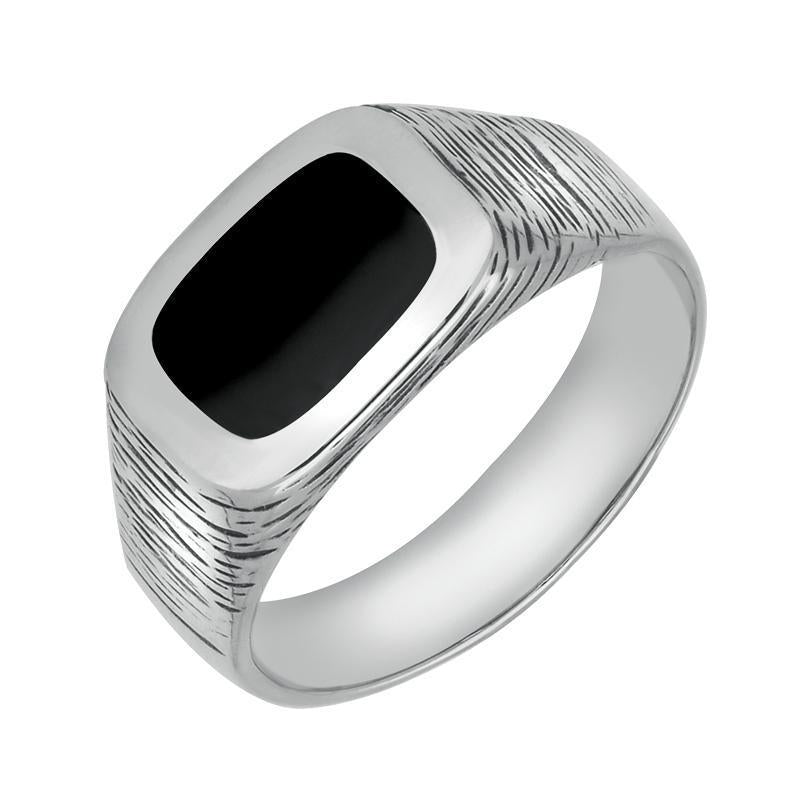Sterling Silver Whitby Jet Oblong Bark Effect Signet Ring - Silver
