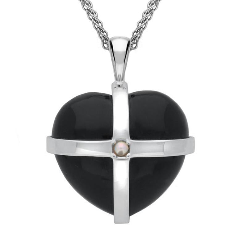 Sterling Silver Whitby Jet One Pearl Large Cross Heart Necklace - Silver