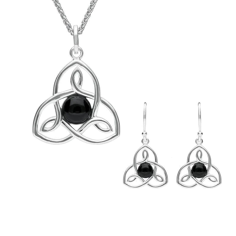 Sterling Silver Whitby Jet Open Celtic Cross Two Piece Set