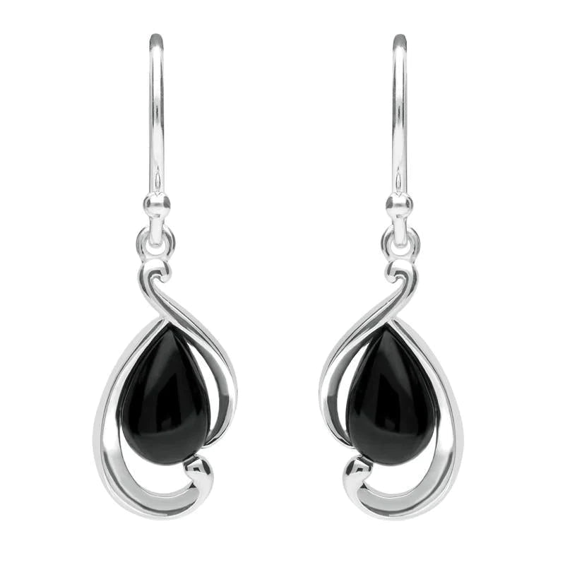 Sterling Silver Whitby Jet Open Fancy Pear Drop Earrings - Silver