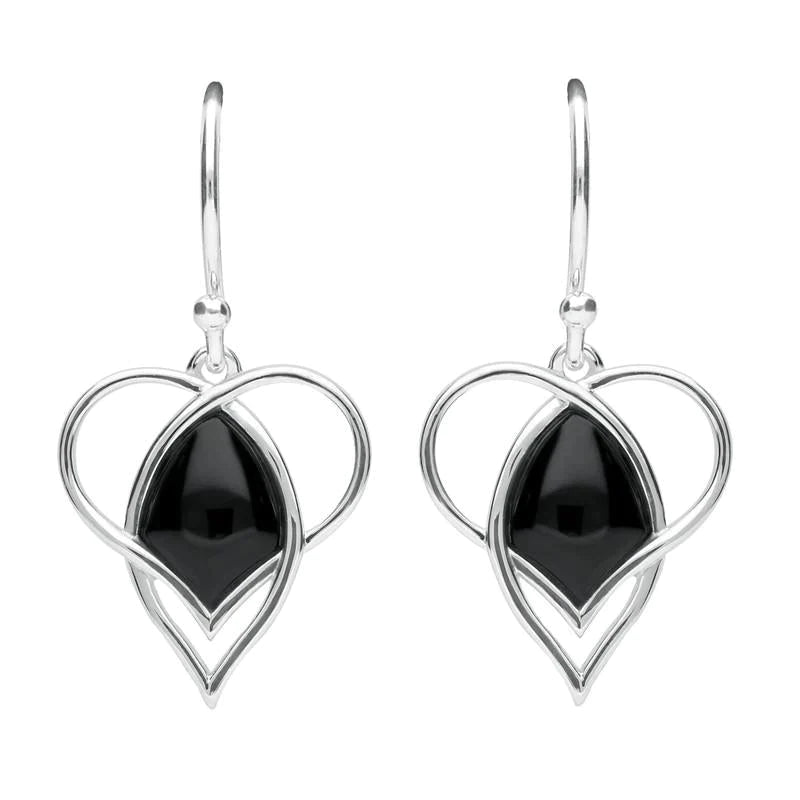 Sterling Silver Whitby Jet Open Heart Twist Hook Earrings - Silver