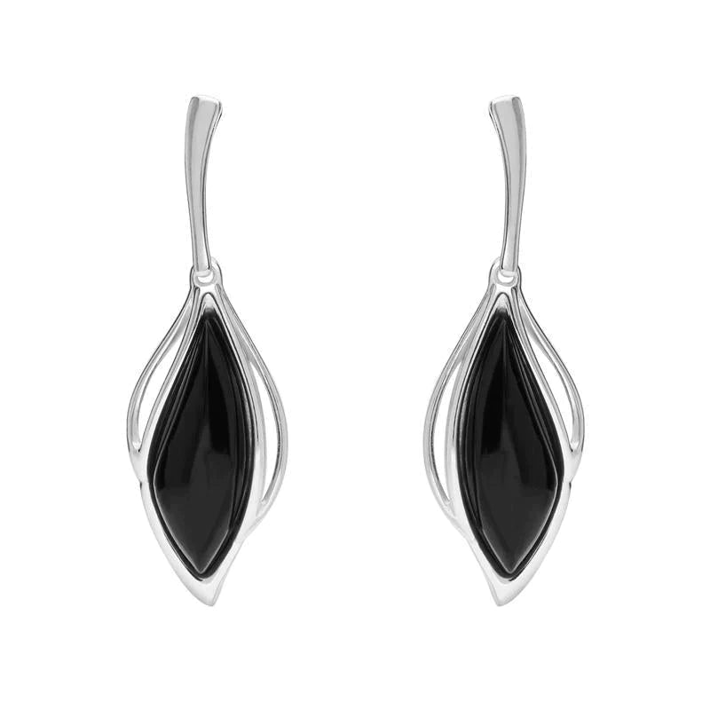 Sterling Silver Whitby Jet Open Marquise Drop Earrings - Silver