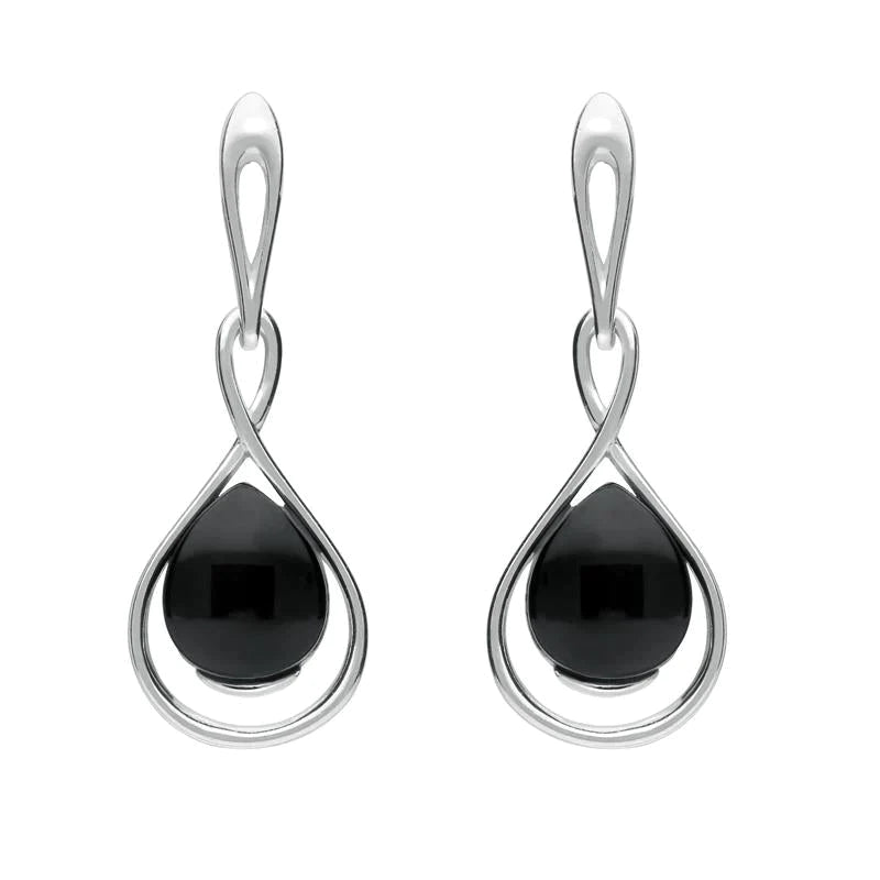 Sterling Silver Whitby Jet Open Pear Twist Drop Earrings
