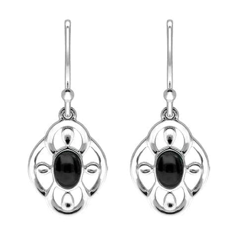 Sterling Silver Whitby Jet Open Petal Edge Flower Hook Earrings - Silver