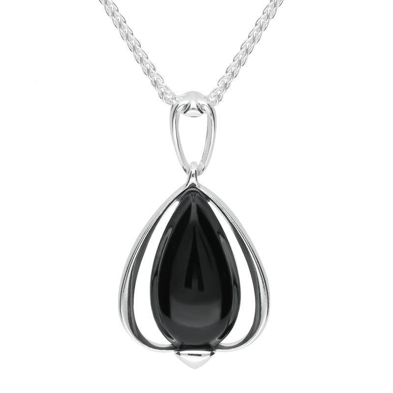 Sterling Silver Whitby Jet Open Side Pear Necklace - Silver