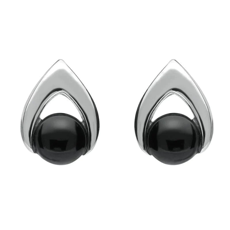 Sterling Silver Whitby Jet Round Open Triangle Stud Earrings - Silver
