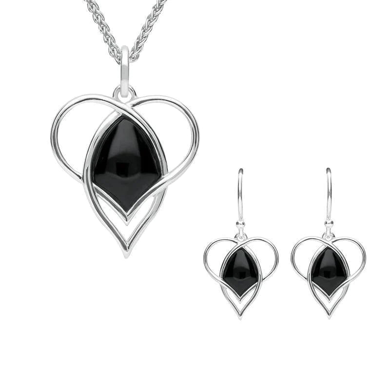 Sterling Silver Whitby Jet Open Twist Heart Two Piece Set