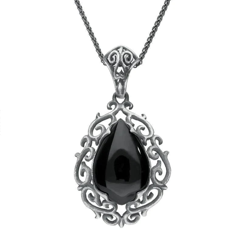 Sterling Silver Whitby Jet Ornate Carved Pear Necklace - Silver