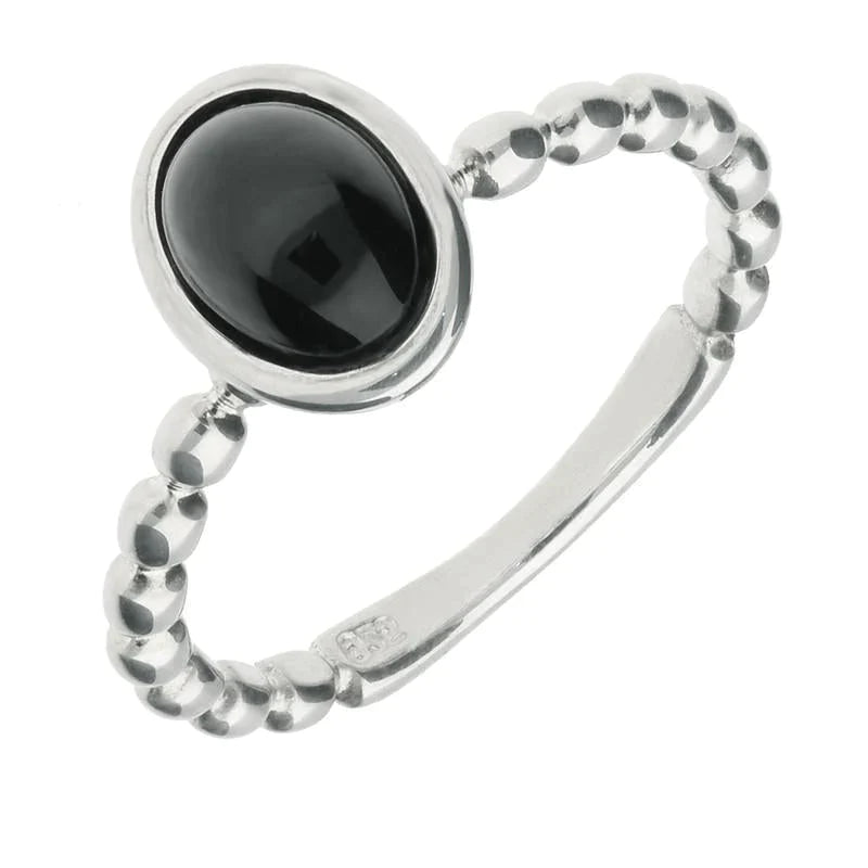Sterling Silver Whitby Jet Oval Beaded Stacking Ring - Option1 Value Silver