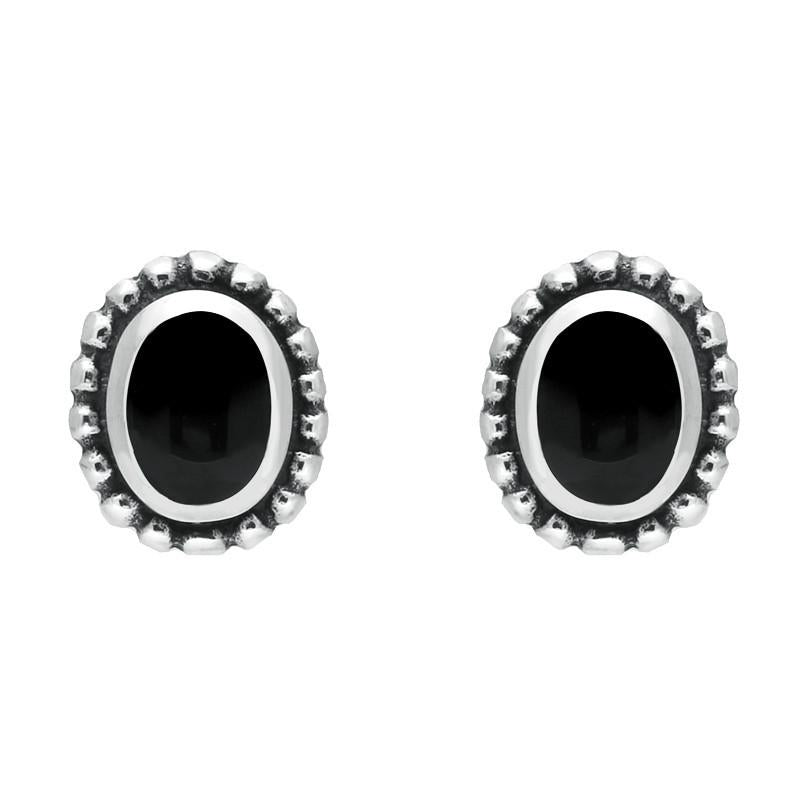 Sterling Silver Whitby Jet Oval Bobble Edge Stud Earrings - Silver