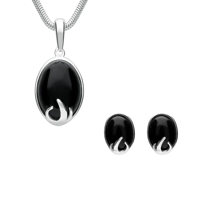 Sterling Silver Whitby Jet Oval Claw Two Piece Set
