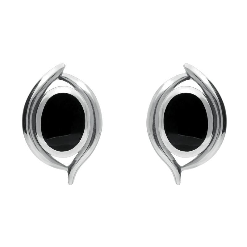 Sterling Silver Whitby Jet Oval Double Fleur Stud Earrings - Silver