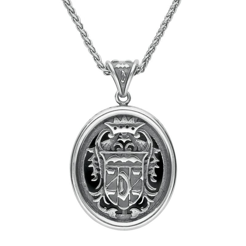 Sterling Silver Whitby Jet Oval Dracula Crest Necklace - Silver