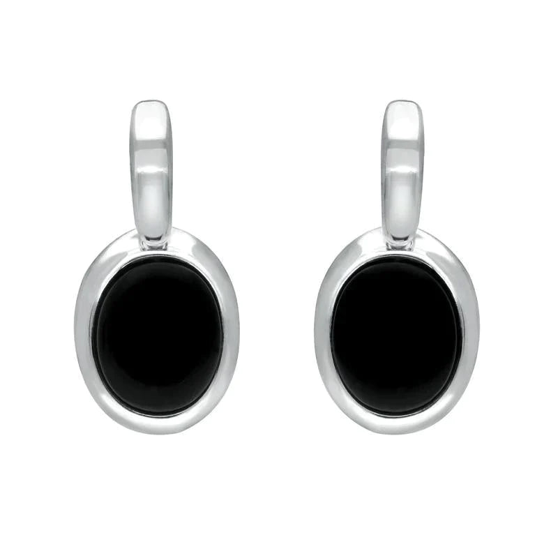 Sterling Silver Whitby Jet Oval Drop Earrings - Silver
