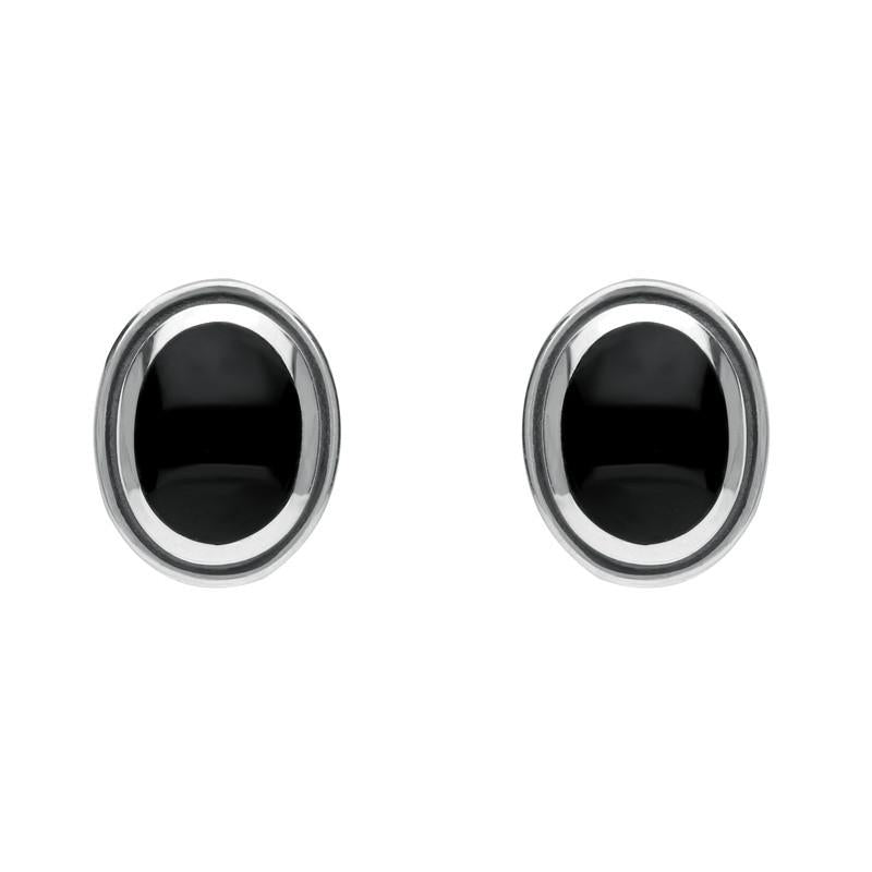 Sterling Silver Whitby Jet Oval Framed Edge Stud Earrings - Silver