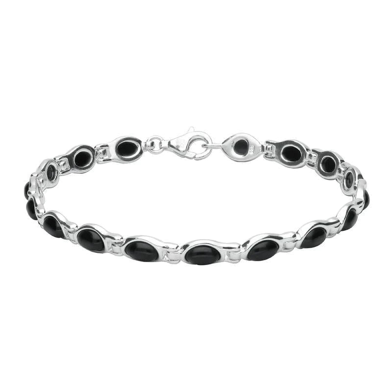 Sterling Silver Whitby Jet Oval Link Bracelet - Silver