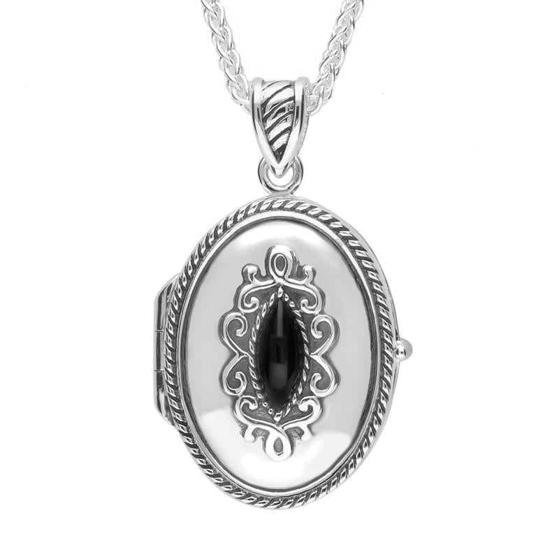 Sterling Silver Whitby Jet Oval Marquise Stone Locket - Silver