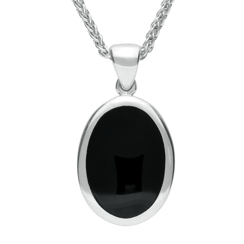 Sterling Silver Whitby Jet Oval Flat Necklace - Silver