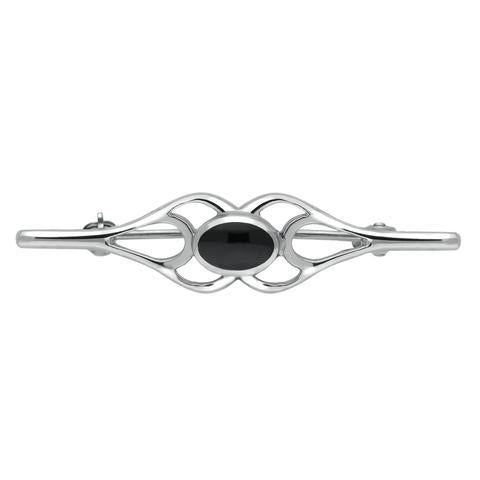 Sterling Silver Whitby Jet Oval Pierced Spoon Brooch - Silver