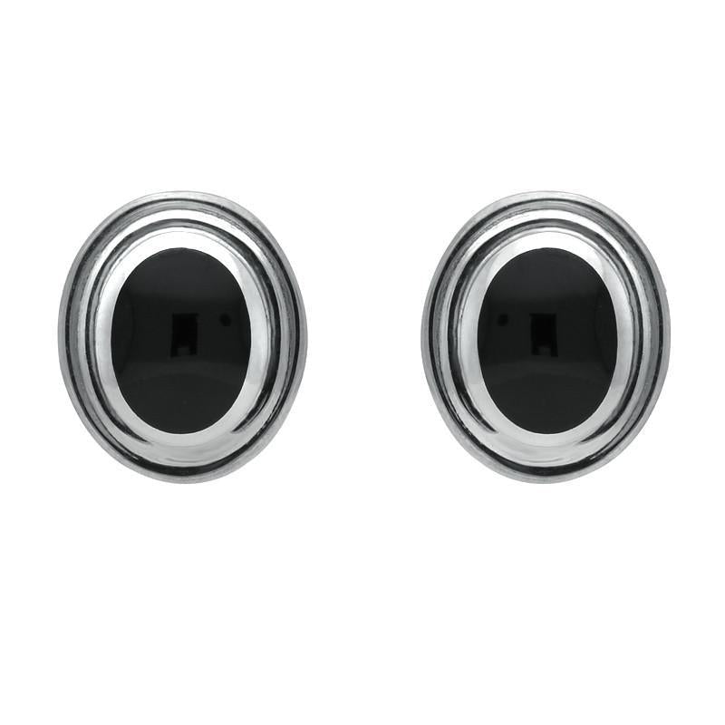 Sterling Silver Whitby Jet Oval Ribbed Edge Stud Earrings - Silver
