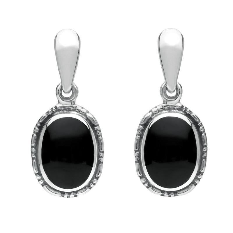 Sterling Silver Whitby Jet Oval Rope Edge Drop Earrings - Silver