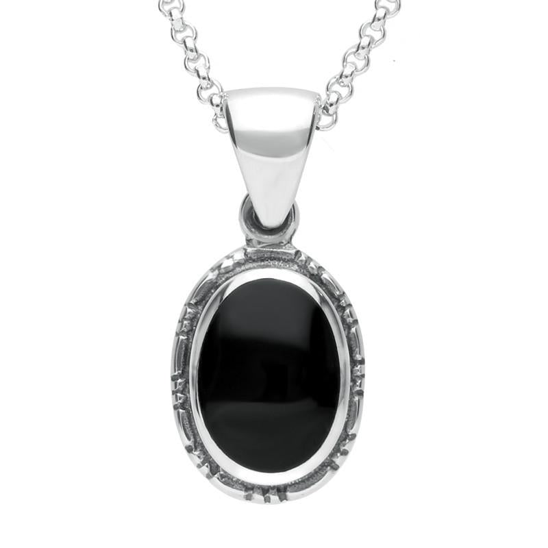 Sterling Silver Whitby Jet Oval Rope Edge Pendant - Silver