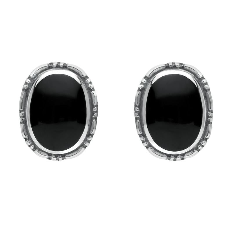 Sterling Silver Whitby Jet Oval Rope Edge Stud Earrings - Silver